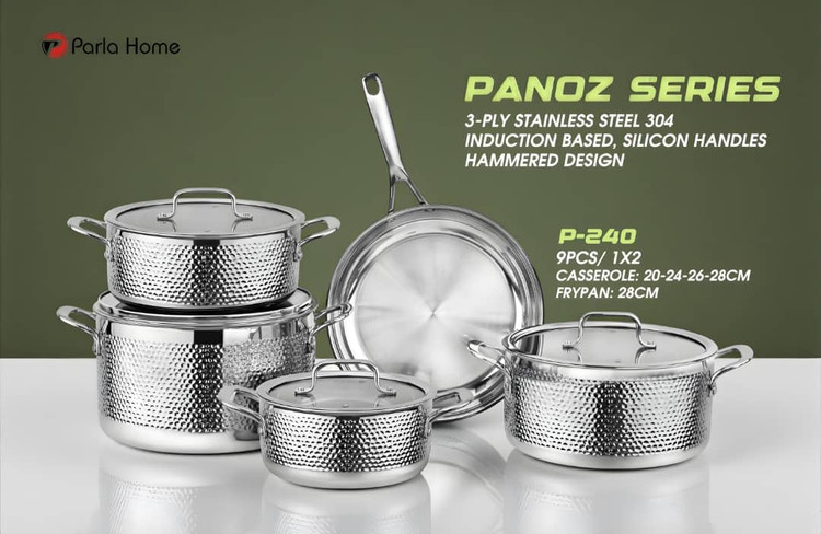 سرویس قابلمه ۹ تکه استیل پارلا هوم سری Panoz مدل P-240 | چکش خورده سه لایه القایی”