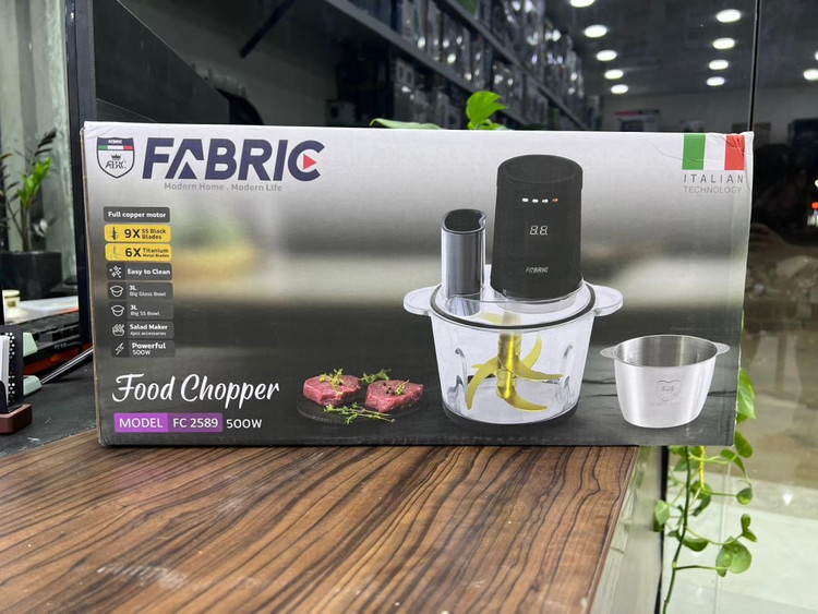“خردکن برقی فابریک مدل FC 2589 ظرفیت 3 لیتری کاسه شیشه ای و استیل 500 وات موتور مسی”